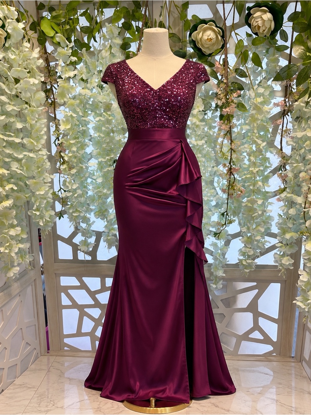 Sequin Bodice Burgundy Cap-Sleeve Prom Dress with Side Ruffle